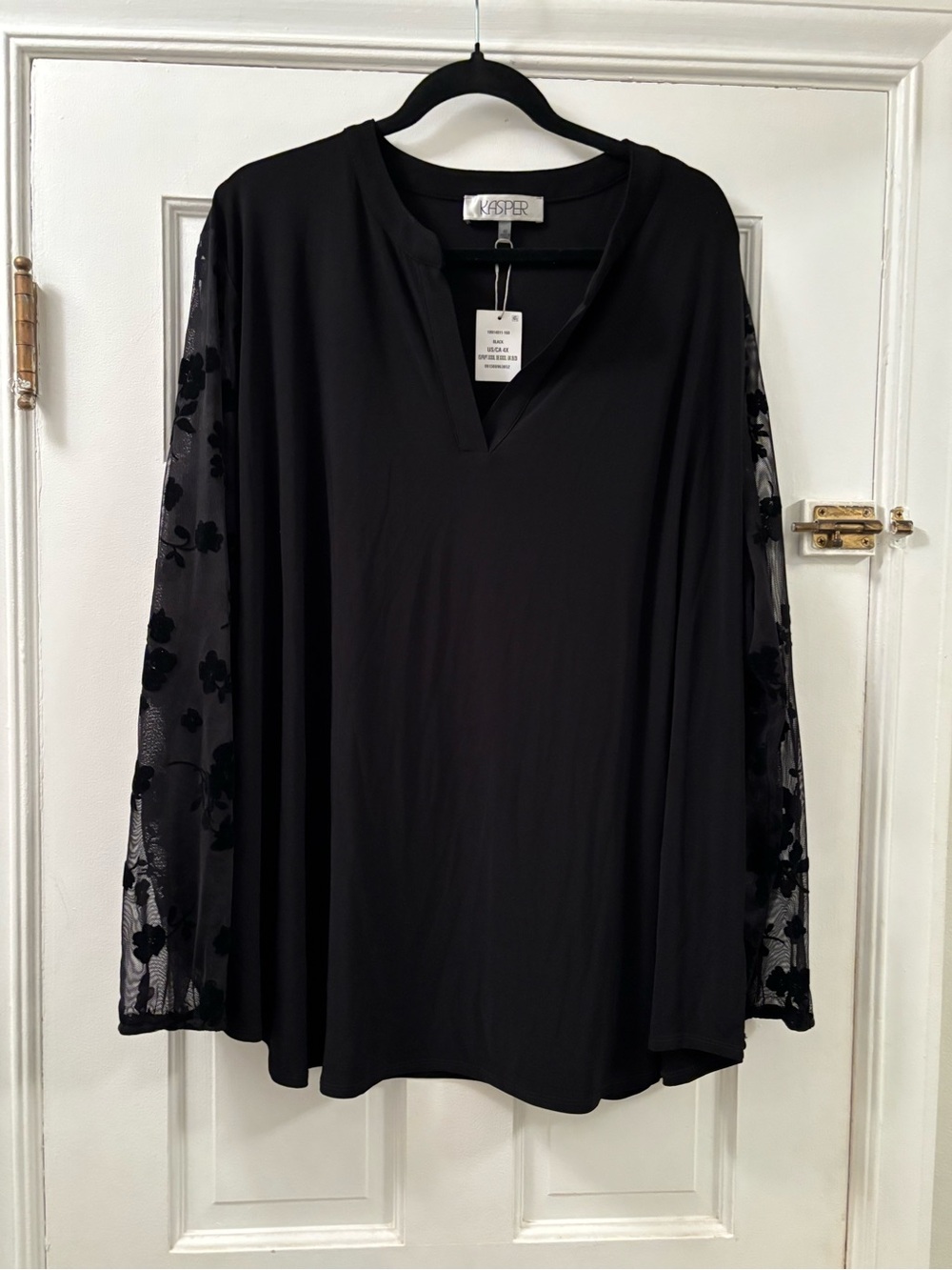 Kasper Black V-Neck Tunic with Sheer Floral Sleeves Size 4X